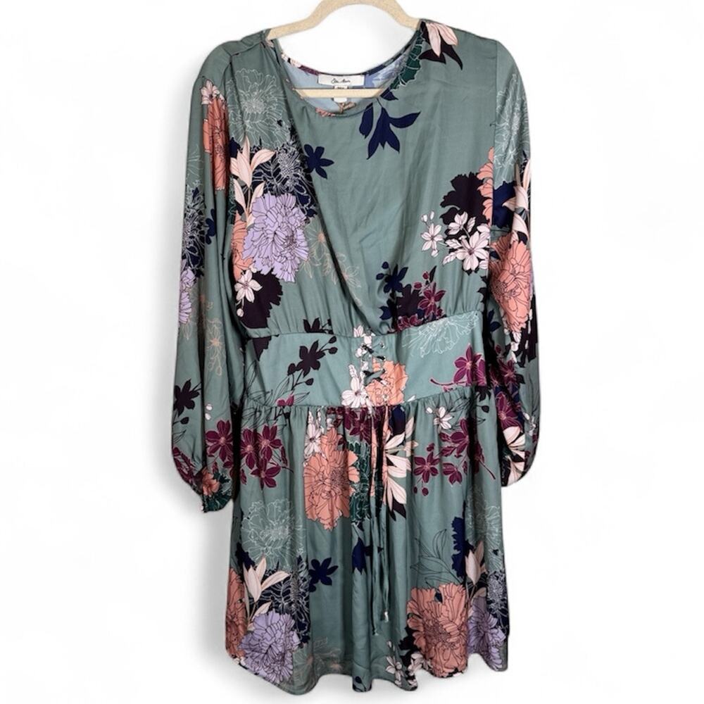 Ella Moon Green Floral Long Sleeve Mini Dress Womens M Boho Peasant Smocked NWT
